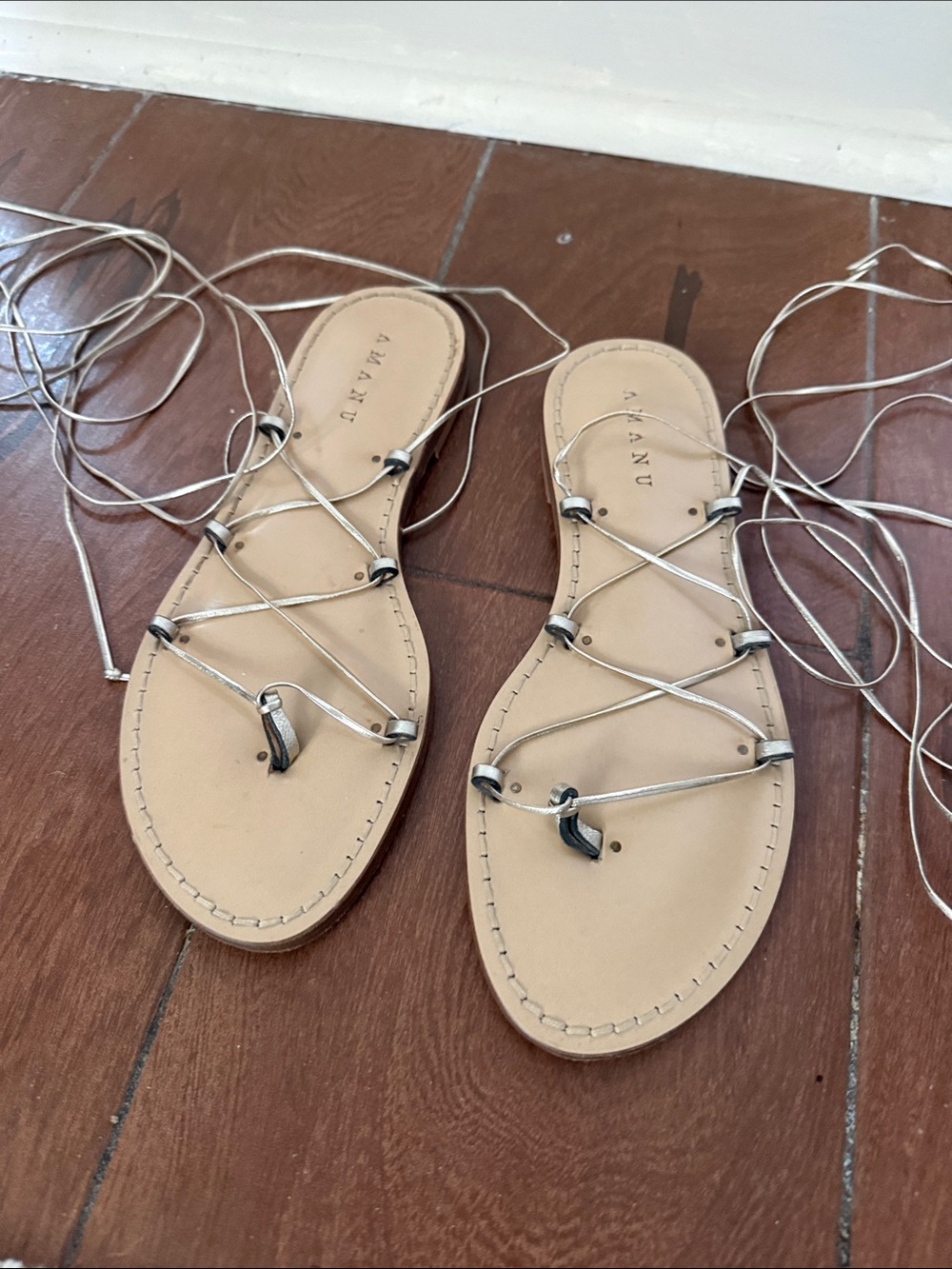Amanu Nude Leather Lace-Up Sandals with gold Straps